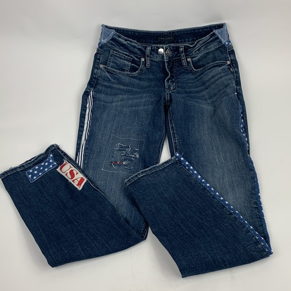 Silver Jeans Custom Modified USA America Distressed Straight Jeans Patches Sz 28 - Picture 3 of 16